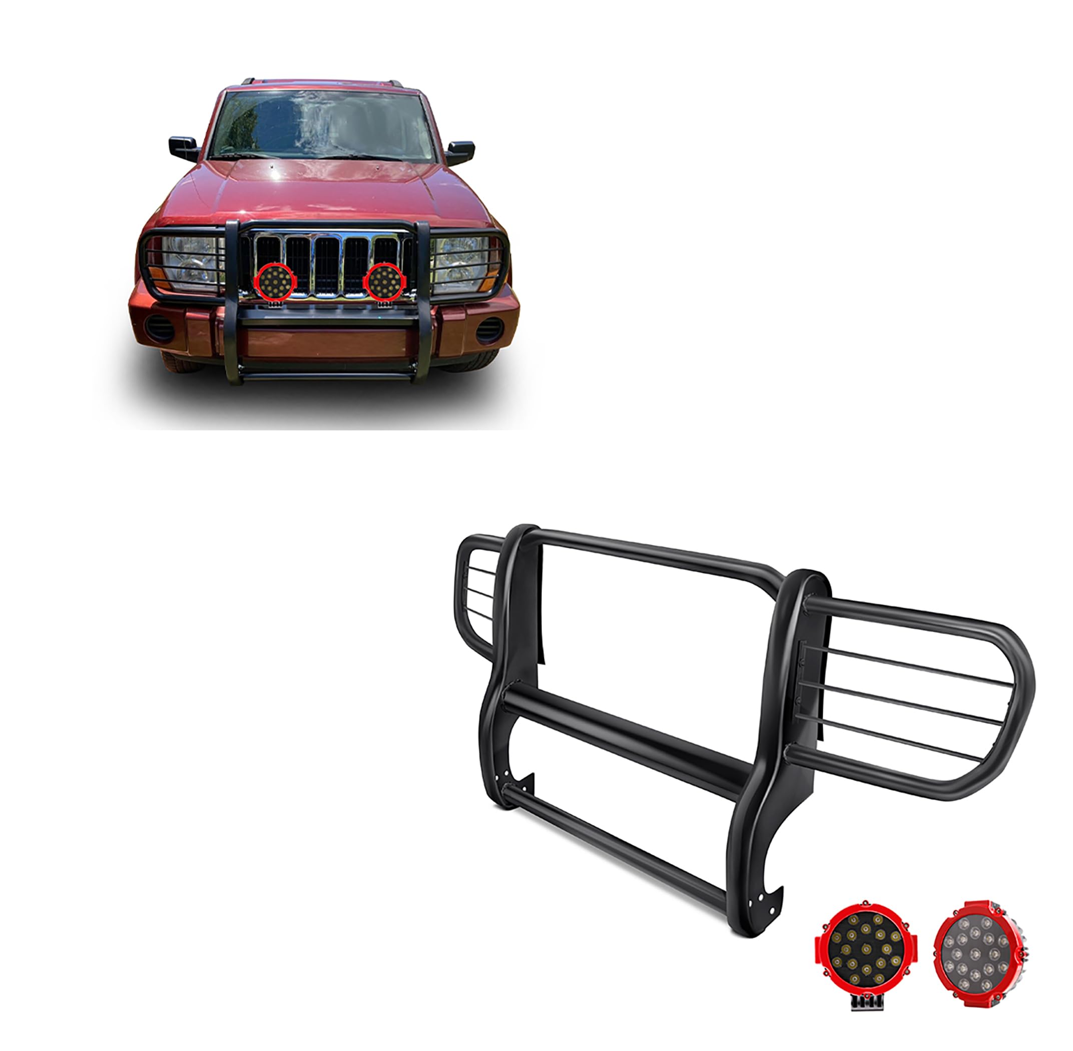 Bumper Guard Black Horse Grille brush Modular Come With pair of 7.0"Dia.LED Lights with Red Trim Rings Compatible with 2006-2010 Jeep Commander-17A081000MA-PLR