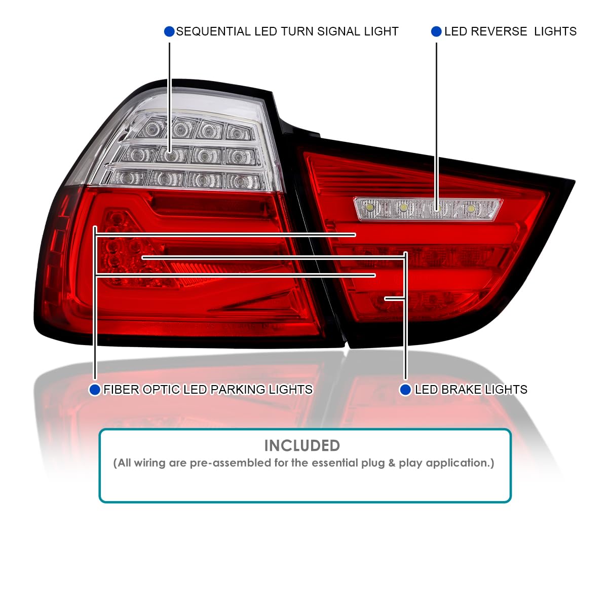 Full LED Chrome Red Tail Lights SPEC-D TUNING w/Fiber Optic Parking Light S and trip and Sequential Turn Signals Compatible with 2009-2011 BMW E90 3-Series