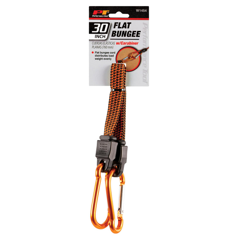 W1454 Performance Tool 30-Inch Flat Bungee w/ Carabiner - Heavy Duty, Multi-Purpose Straps for Securing Cargo, Camping Gear, and More