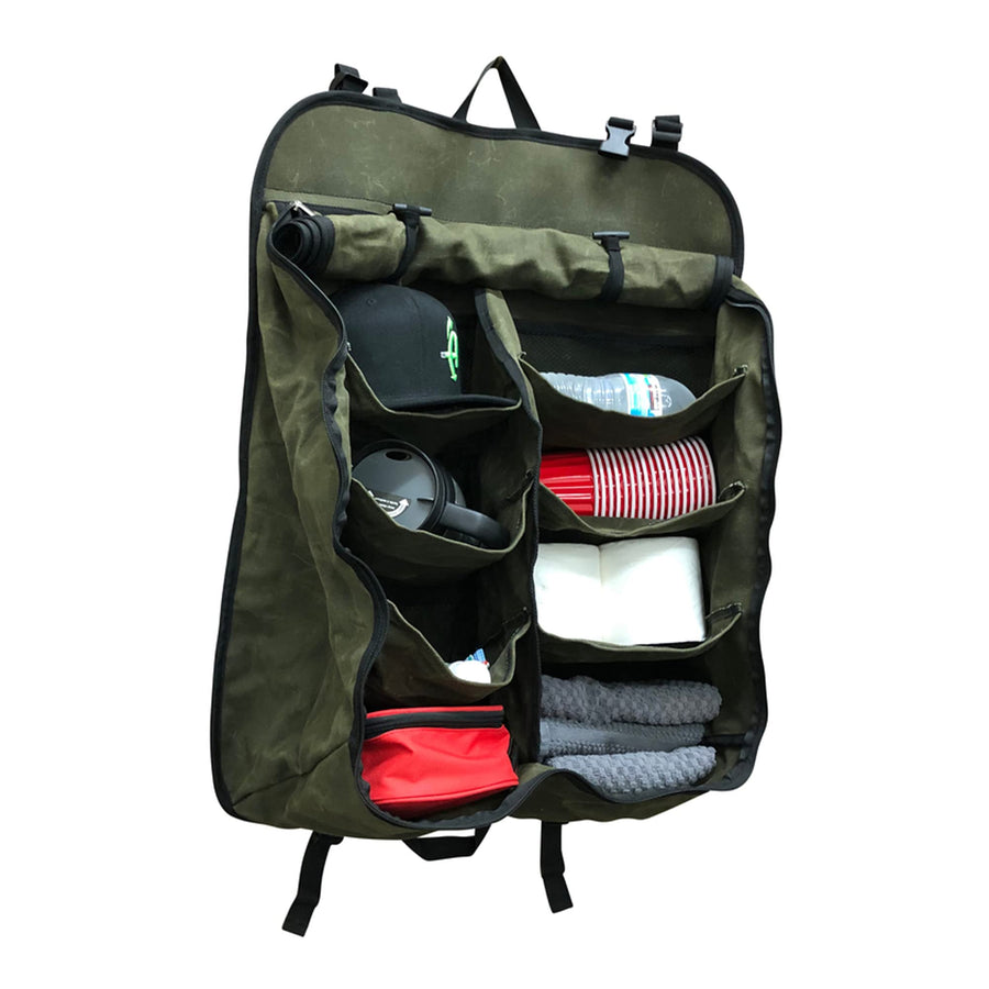 Camping Gear Storage Bag - Overland Vehicle Systems #16 Waxed Canvas - Infused with Paraffin Wax Waterproofing - 8 Storage Pockets for all your toiletries, clothes, shoes and camping gear.