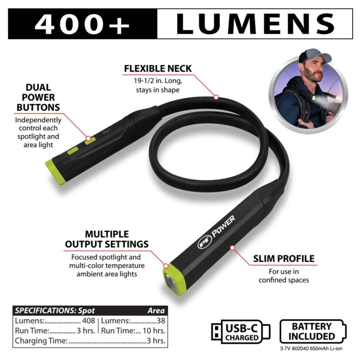 W2687 Performance Tool 400+LM Li-Ion Neck Light: 2 Flex Adjustable Lighted Ends, Spotlight and Multi-Color Ambient Modes, 650mAH, 3 Hour Operation, 19.5-in Length, USB-C, Hands-Free, Black