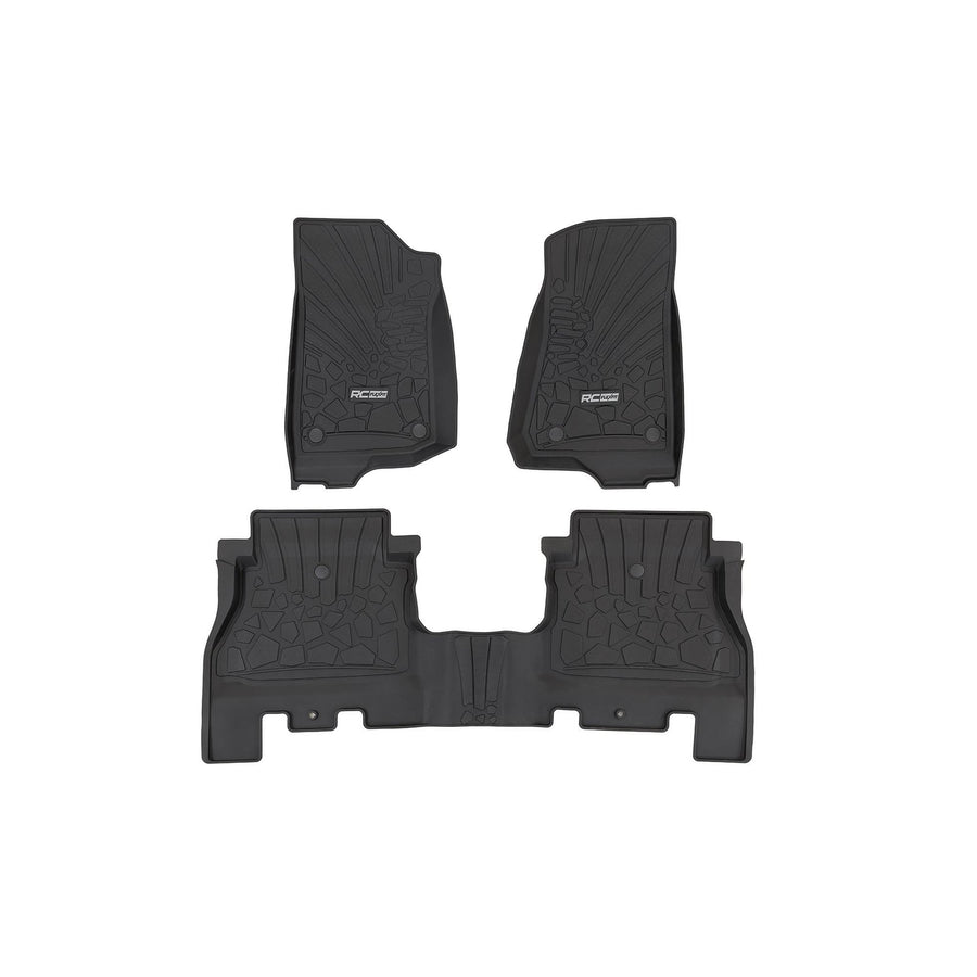 Rough Country Front Floor Mats Flex-Fit for Jeep Wrangler JL Unlimited 4-Door (2018-2025) - Front & Rear Set, Custom All-Weather Non-Slip TPE Liners w/Spill Saver Lip
