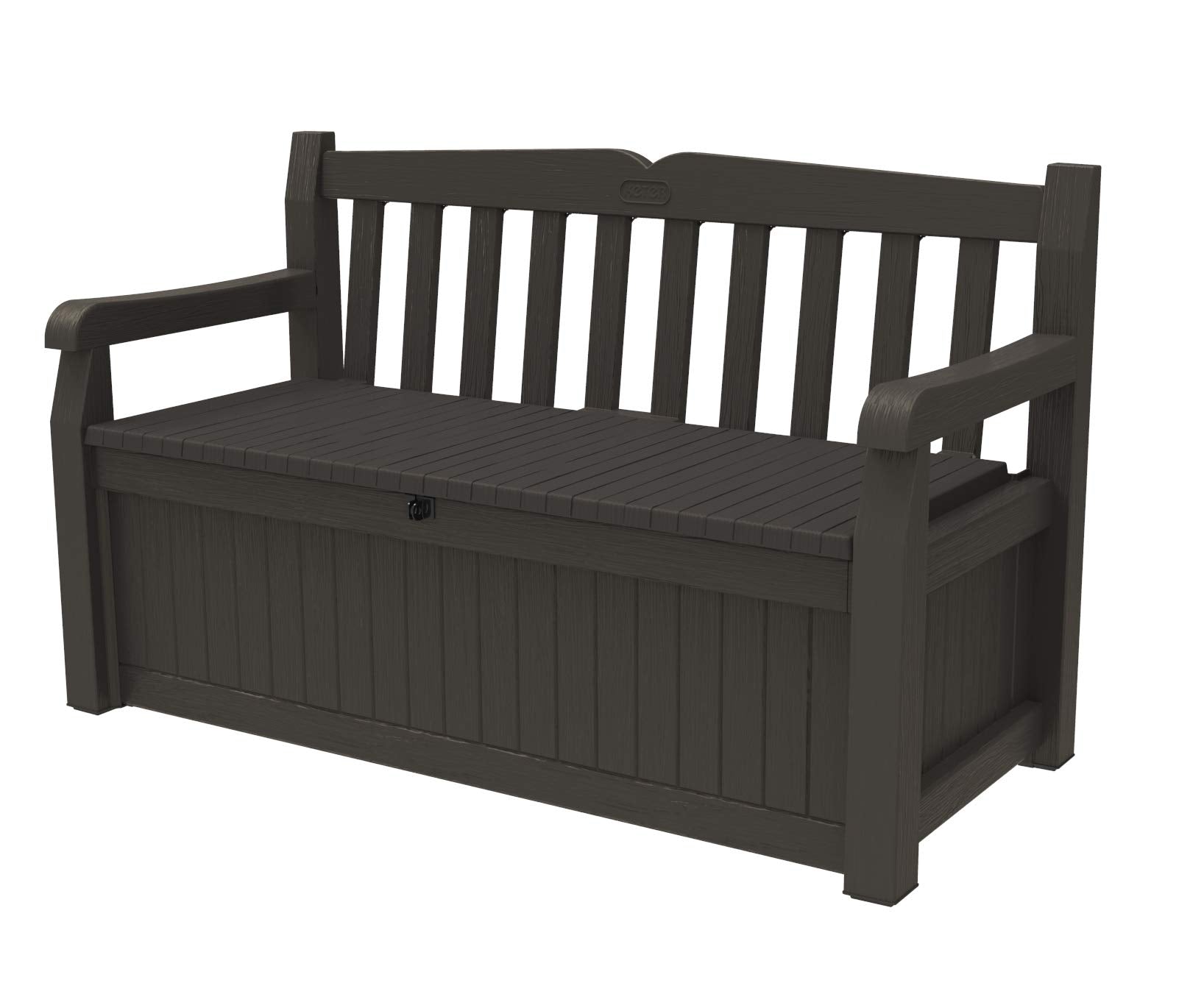 Keter 70 Gallon Solana Storage Bench Deck Box for Patio Furniture, Front Porch Decor and Outdoor Seating – Perfect to Store Garden Tools, Brown/Brown