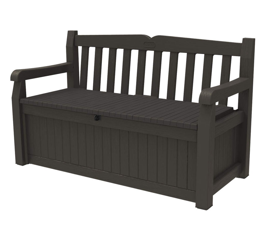 Keter 70 Gallon Solana Storage Bench Deck Box for Patio Furniture, Front Porch Decor and Outdoor Seating – Perfect to Store Garden Tools, Brown/Brown