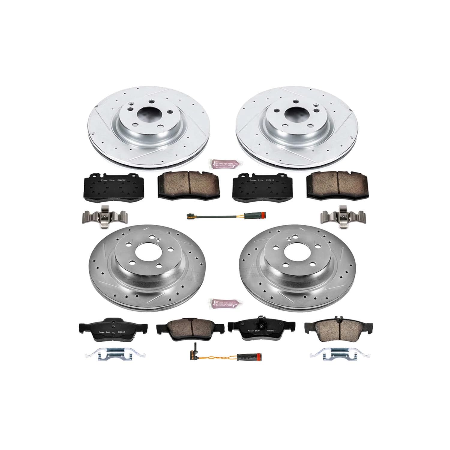 Power Stop K6602 Z23 Carbon Fiber Brake Pads Front and Rear with Drilled & Slotted Brake Rotors Kit and 1 Front & 1 Rear Sensor Wires For Mercedes-Benz CLS550 2007-2011 [Model Specific]