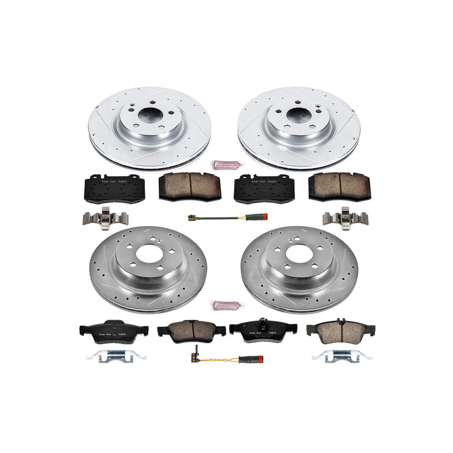 Power Stop K6602 Z23 Carbon Fiber Brake Pads Front and Rear with Drilled & Slotted Brake Rotors Kit and 1 Front & 1 Rear Sensor Wires For Mercedes-Benz CLS550 2007-2011 [Model Specific]