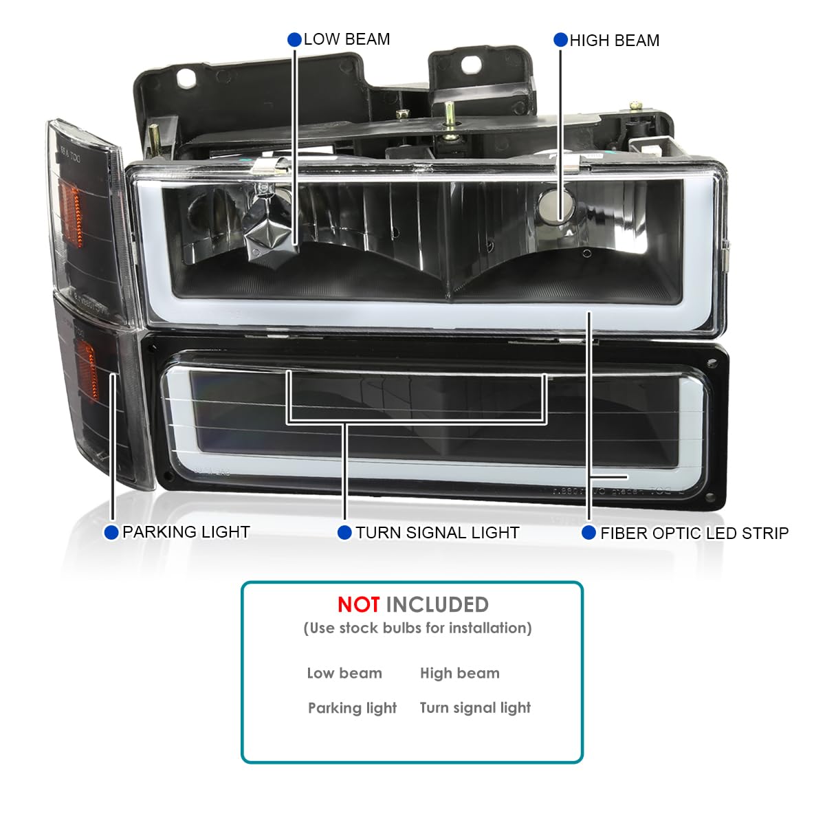 Black LED Tube Headlights + Bumper Lights + Corner Lights SPEC-D TUNING Compatible with 1988-1993 Chevy GMC C10 C/K Suburban, Left + Right Pair Headlamps Assembly