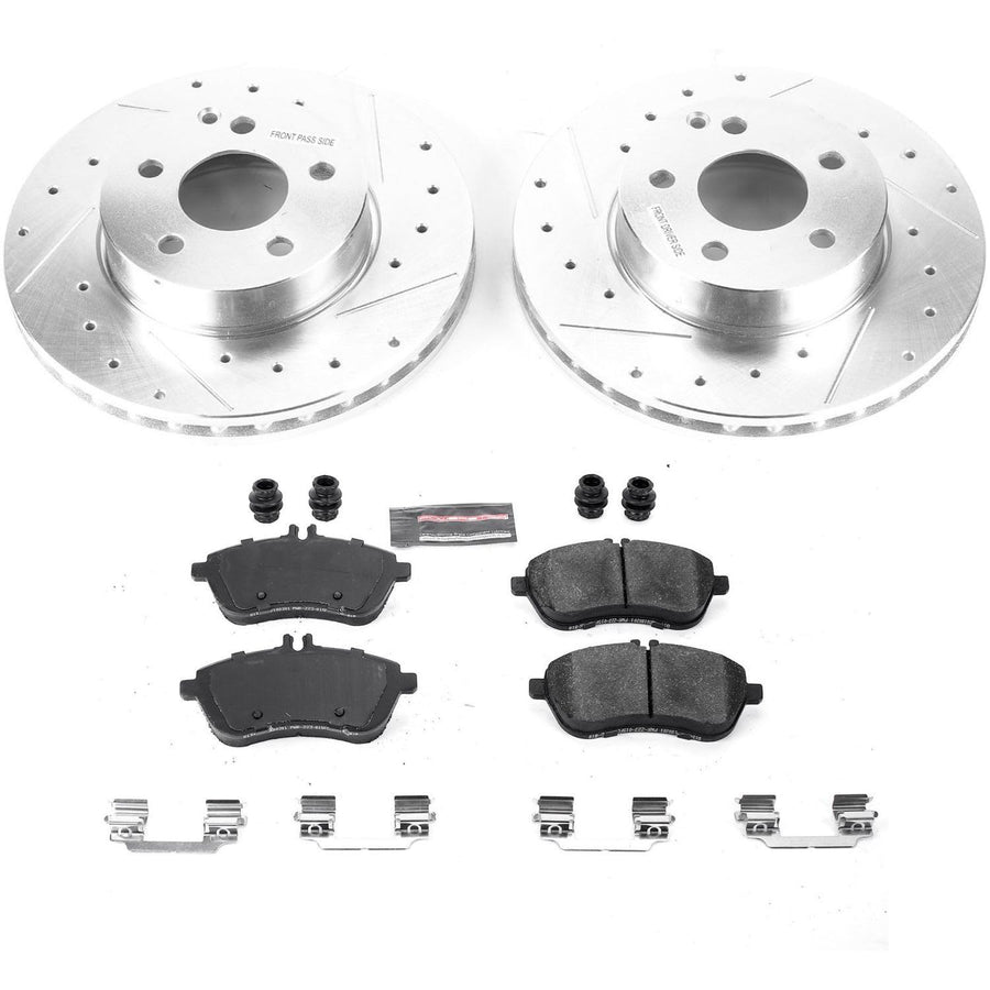 Power Stop K7766 Z23 Carbon Fiber Brake Pads with Drilled & Slotted Brake Rotors Kit and 1 Front Sensor Wire