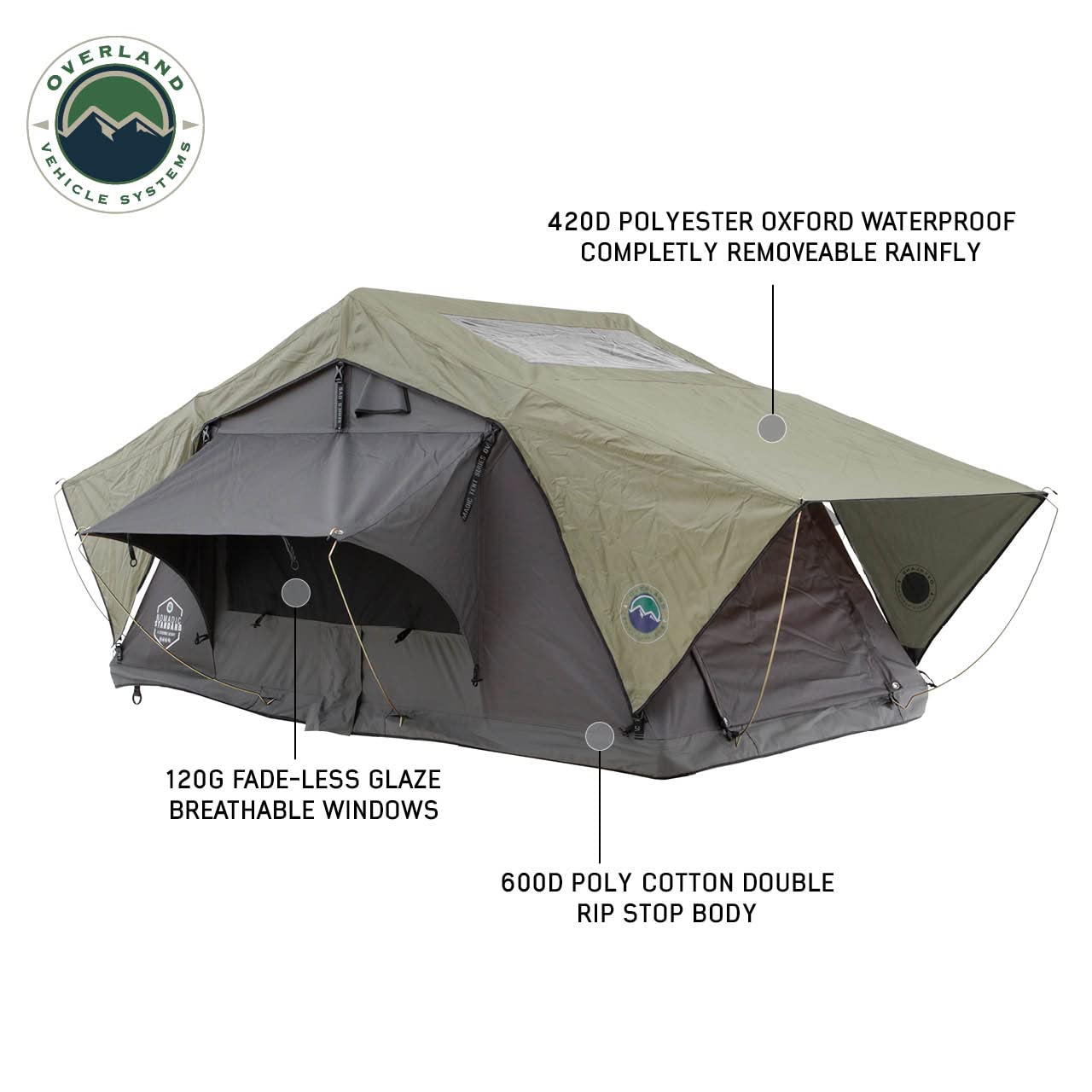 Overland Vehicle Systems Nomadic 2 Standard HD Soft Shell Roof Top Tent - Dark Gray Base with Green Rain Fly & Black 1000G PVC Travel Cover - Black Aluminum Base