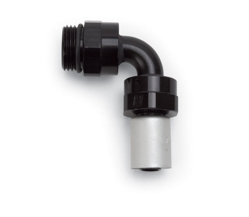 CRIMP ON HOSE END -6 SAE PORT MALE TO -6 HOSE 90 DEG BLK ANODIZED