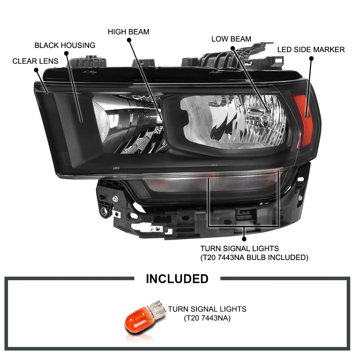 Black Headlights SPEC-D TUNING Compatible with 2019-2024 Ram 2500, 3500, Left + Right Pair Headlamp Assembly