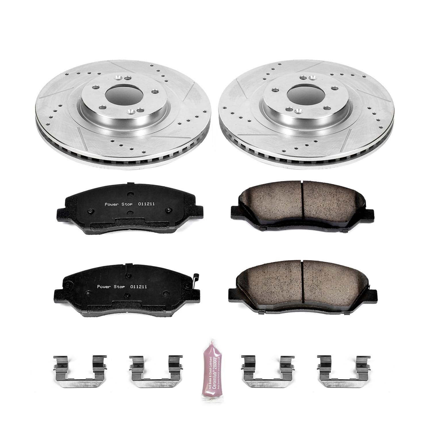 Power Stop K6951 Z23 Carbon Fiber Brake Pads Front with Drilled & Slotted Brake Rotors Kit For Hyundai Santa Fe 2013-2016 [Model Specific]