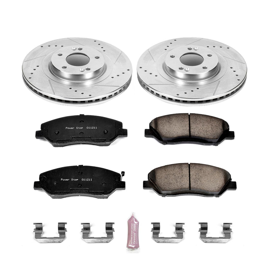 Power Stop K6951 Z23 Carbon Fiber Brake Pads Front with Drilled & Slotted Brake Rotors Kit For Hyundai Santa Fe 2013-2016 [Model Specific]