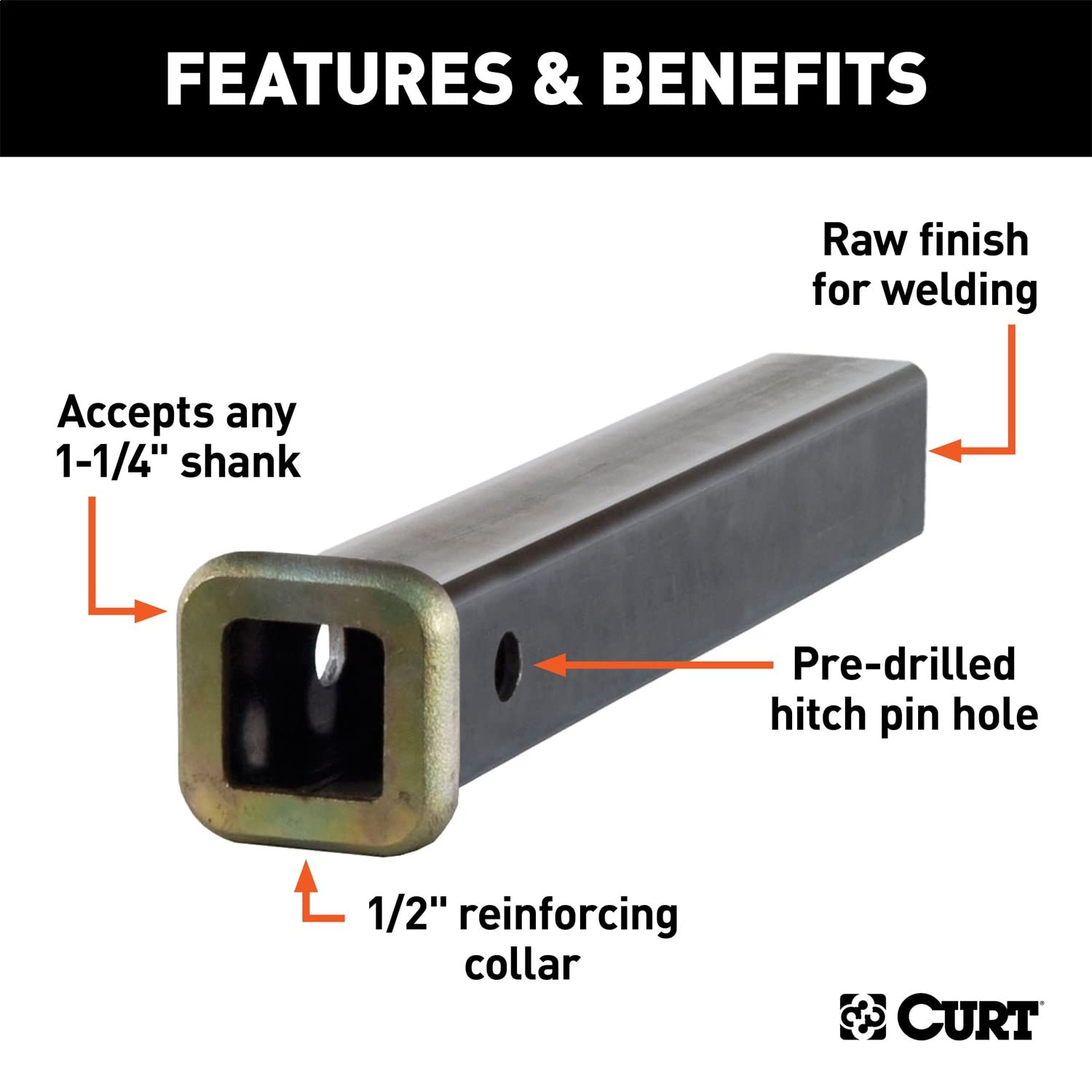 CURT 1-1/4-Inch x 12-Inch Weld-On Raw Steel Trailer Hitch Receiver Tube 49512