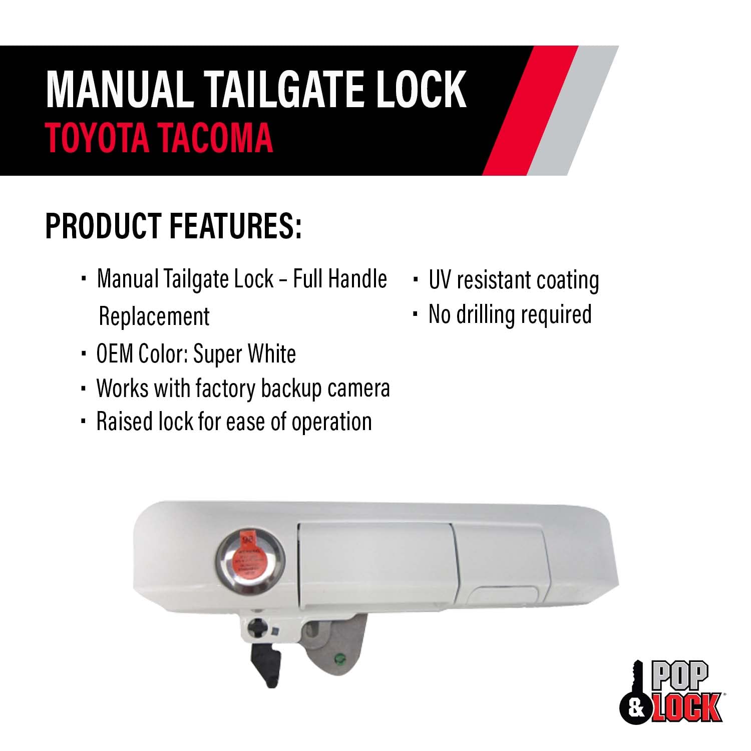 Manual Tailgate Lock – Pop & Lock with Bolt Technology for Toyota Tacoma, Fits 2005 to 2015 Models (Black, PL5400)
