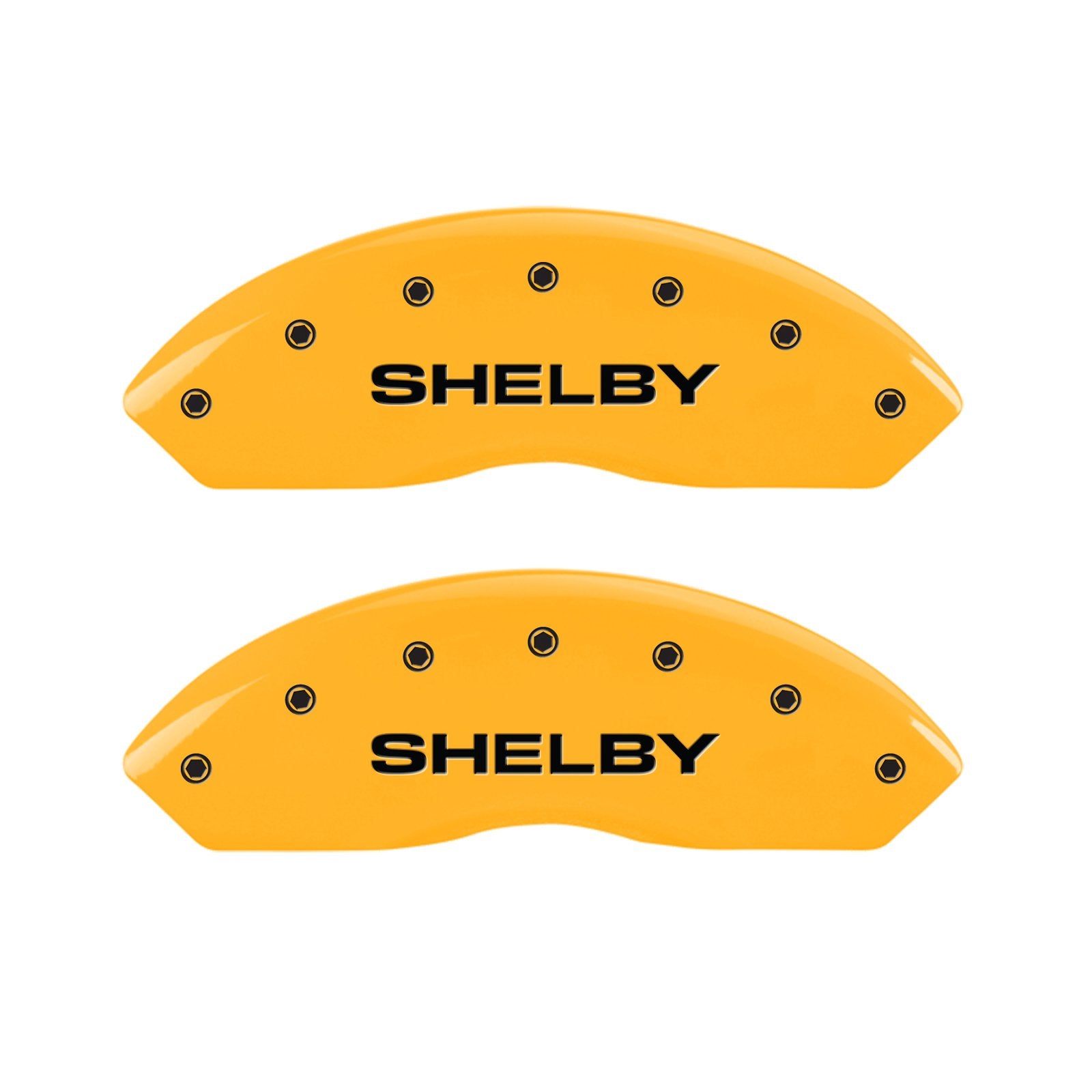 Caliper Covers MGP 10198SSBYYL, Set of 4 (Yellow Engraved Front: Shelby - Engraved Rear: Tiffany Snake Powder Coat Finish Black Characters)