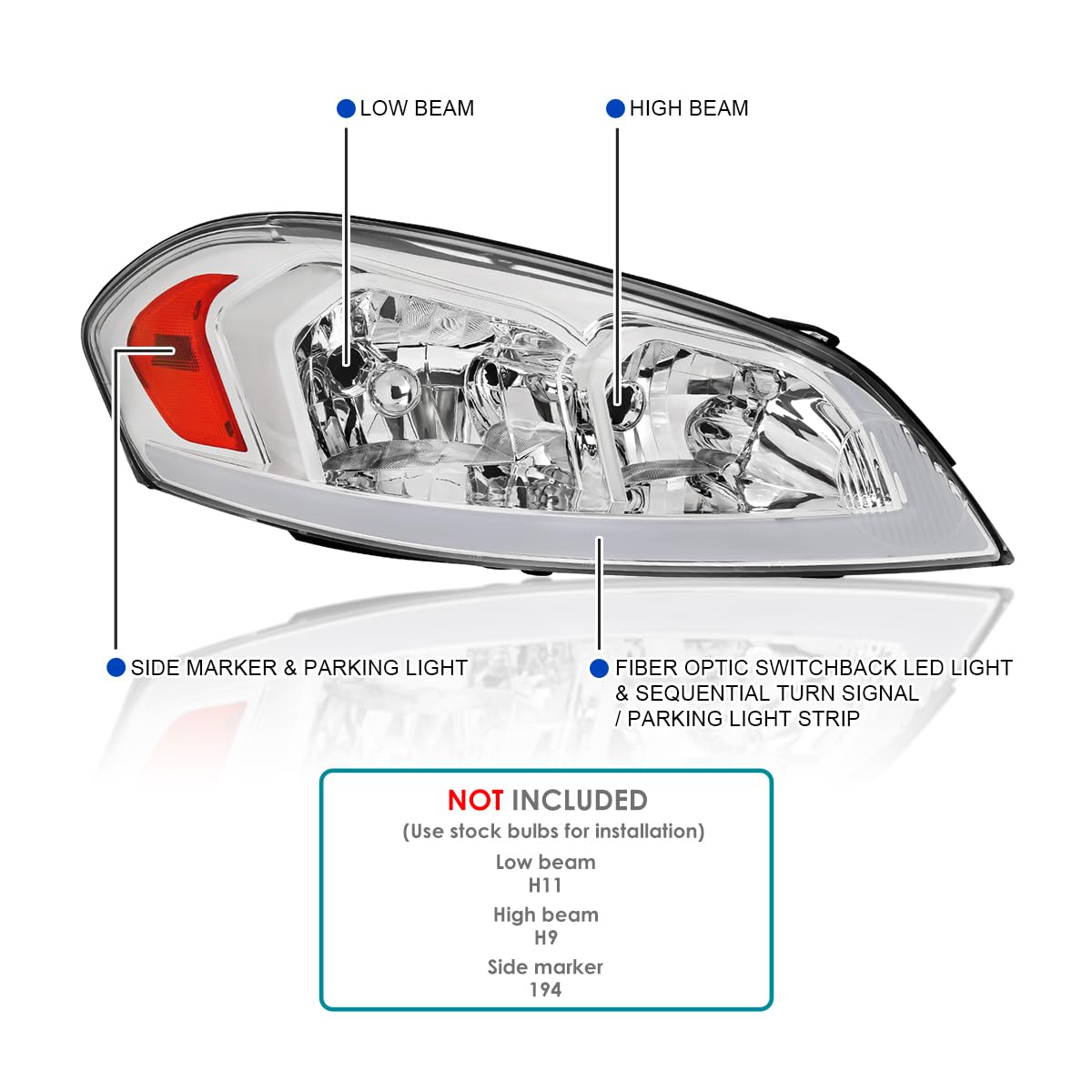 Chrome Headlights SPEC-D TUNING w/Switchback LED Signals Compatible with 2006-2013 Chevy Impala, Left + Right Pair Headlamps Assembly