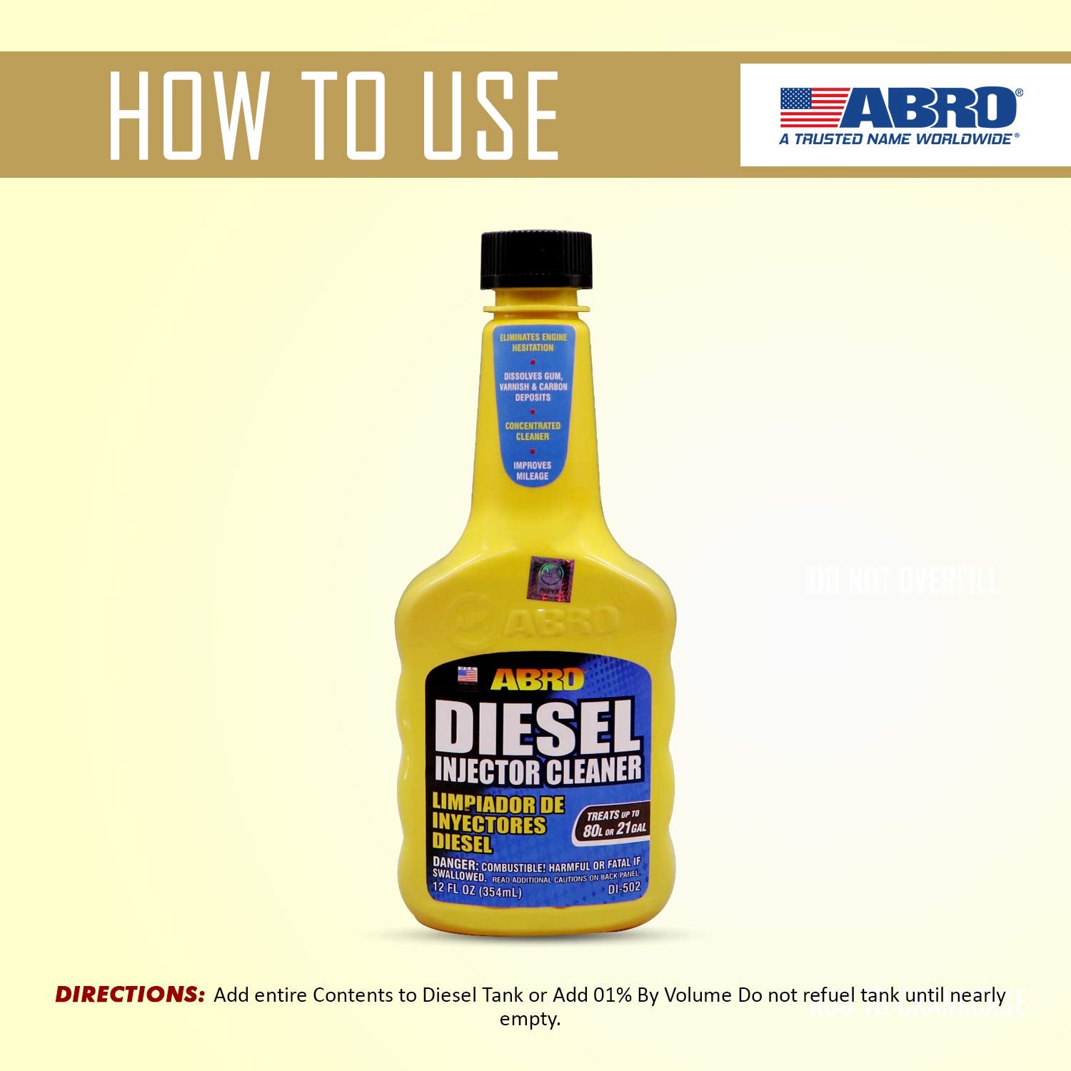 Diesel Injector Cleaner ABRO, 12 oz., Concentrated Fuel System Cleaner, Fuel Injector Cleaner, Diesel Fuel Additive, Improves Mileage, Eliminates Engine Hesitation, Treats Up to 21 Gallons