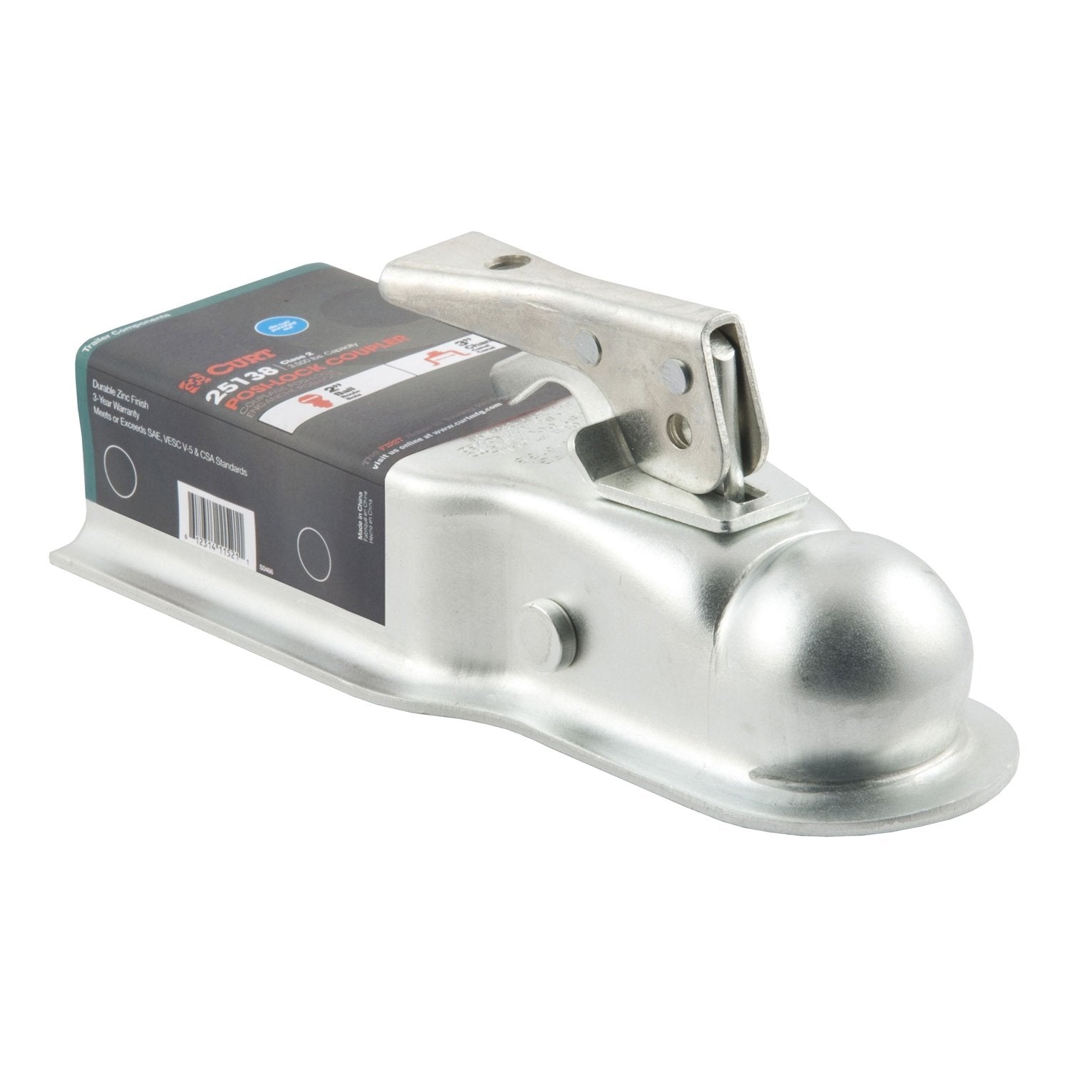 CURT Straight Tongue Trailer Coupler for 2-In Hitch Ball, 3-Inch Channel, 3,500 lbs, Alloy Steel, CLEAR ZINC