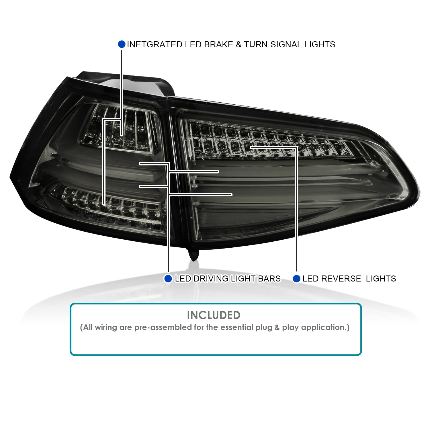 Spec-D Tuning LED Bar Smoke Lens Tail Lights Compatible with 2015-2017 Volkswagen Golf GTI Models, Left + Right Pair Assembly