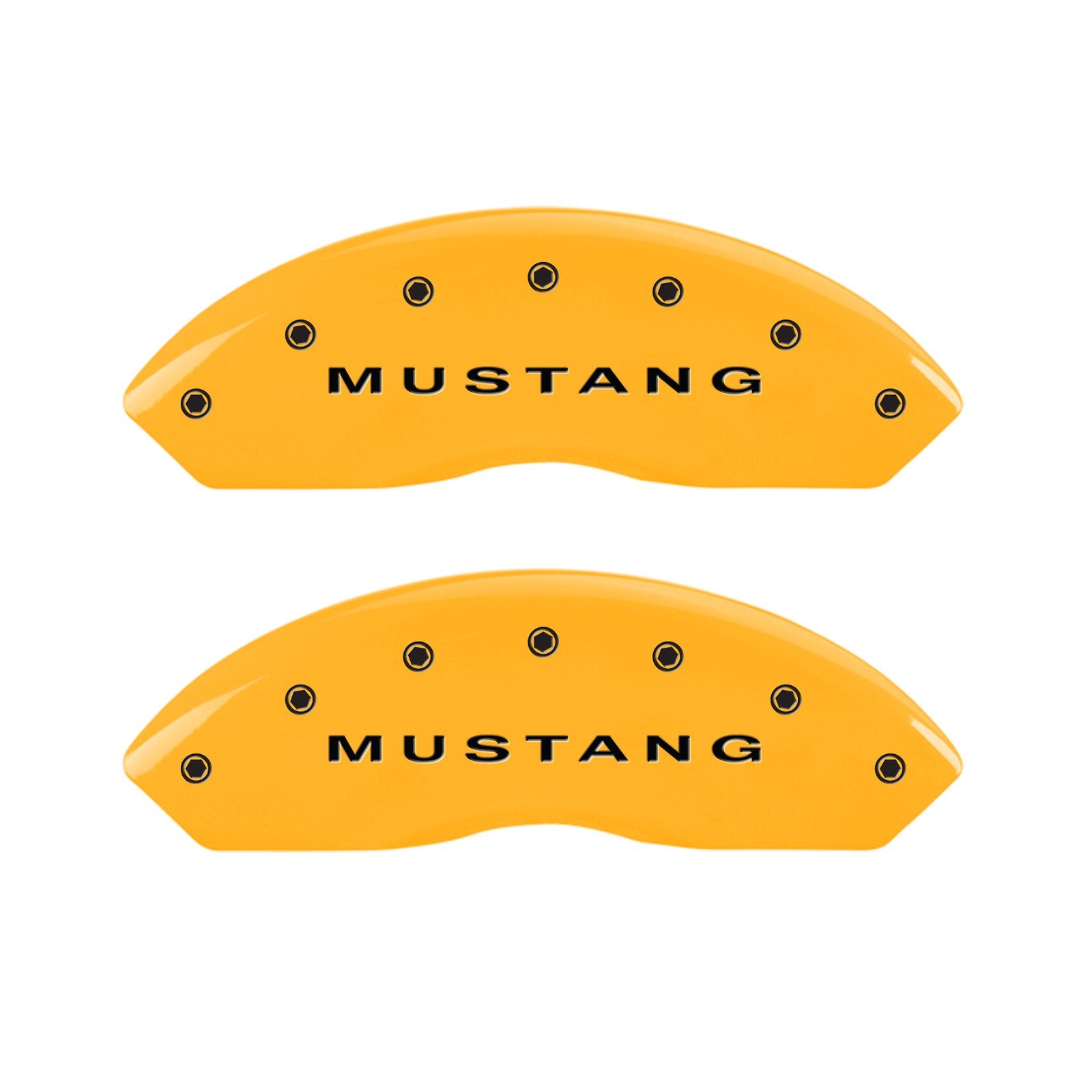 Caliper Covers MGP 10197SMB1YL (Yellow Powder Coat Finish, Engraved Front: Mustang - Engraved Rear: S197/Bar & Pony, Black Characters, Set of 4)