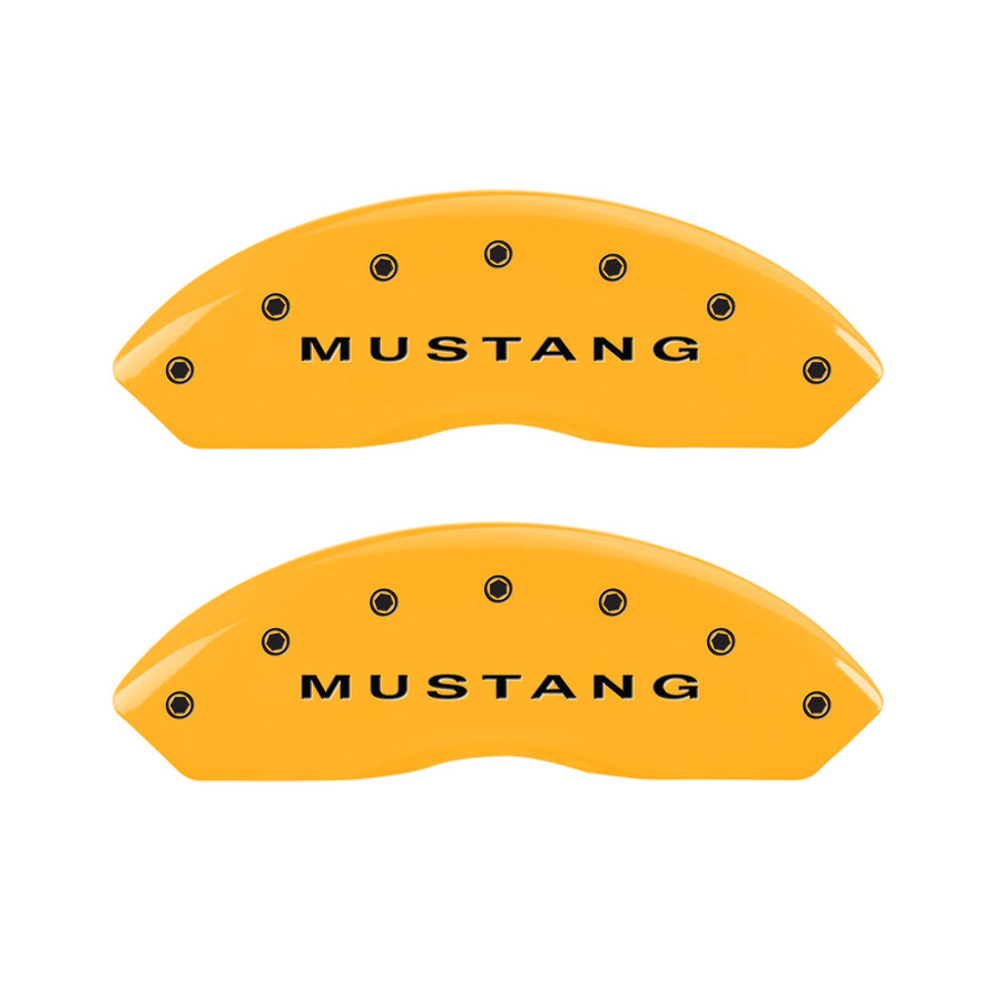 Caliper Covers MGP 10197SMB1YL (Yellow Powder Coat Finish, Engraved Front: Mustang - Engraved Rear: S197/Bar & Pony, Black Characters, Set of 4)