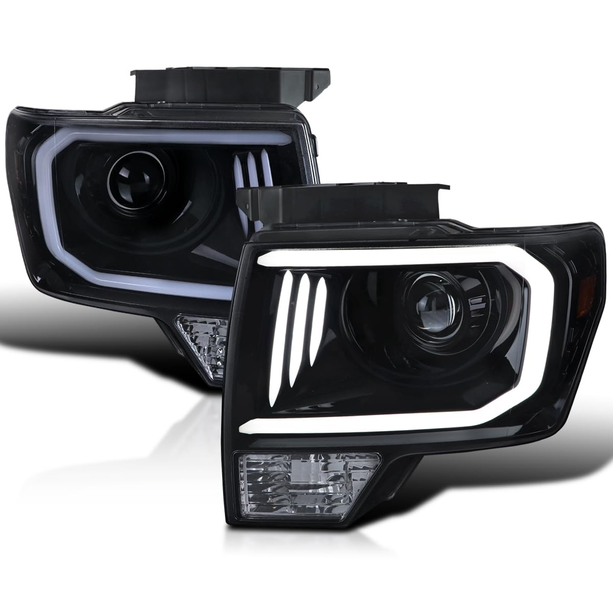 Black Smoke SPEC-D TUNING Projector Headlights w/LED Tube Compatible with 2009-2014 Ford F150, Left + Right Pair Headlamps Assembly