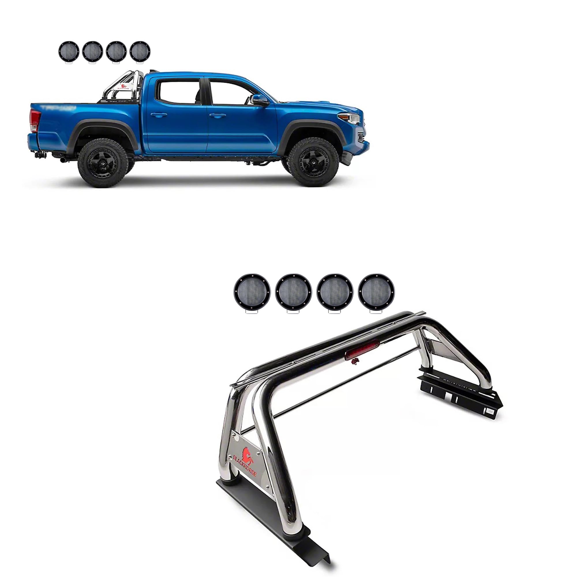 Classic Black Horse Roll Bar Incl. Set of 5.3" Dia.LED Lights w/Black Trim Rings Stainless Steel Compatible with 2005-2021 Nissan Frontier-RB007SS-PLFB