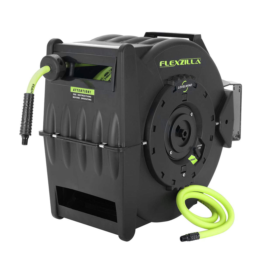 Flexzilla Pro Retractable Levelwind Air Hose Reel, 3/8 in. x 50 ft., Heavy Duty, Lightweight, Hybrid, ZillaGreen - L8305FZ