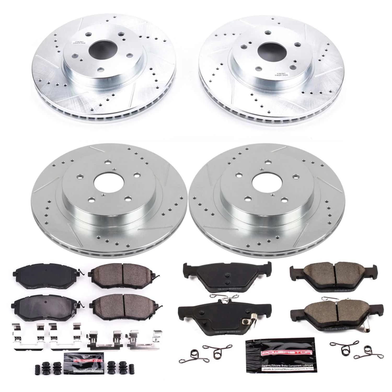 Power Stop K8405 Z23 Carbon Fiber Brake Pads Front and Rear with Drilled & Slotted Brake Rotors Kit For Subaru Legacy 2015 [Model Specific]