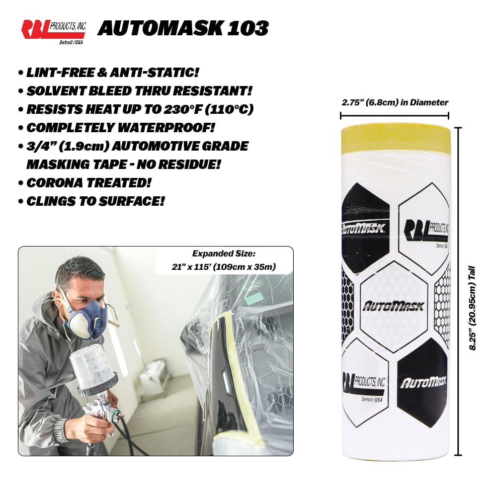 43" x 115' AutoMask Roll-On Dispenser – Pre-Taped, Lint-Free, Waterproof & Heat-Resistant Paint Masking Film for Automotive & Industrial Use