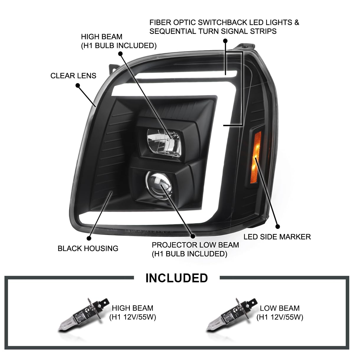 Black SPEC-D TUNING Sequential LED Signal Tube Projector Headlights Compatible with 2007-2014 GMC Yukon/Yukon XL Denali 1500 2500, Left + Right Pair Headlamps Assembly