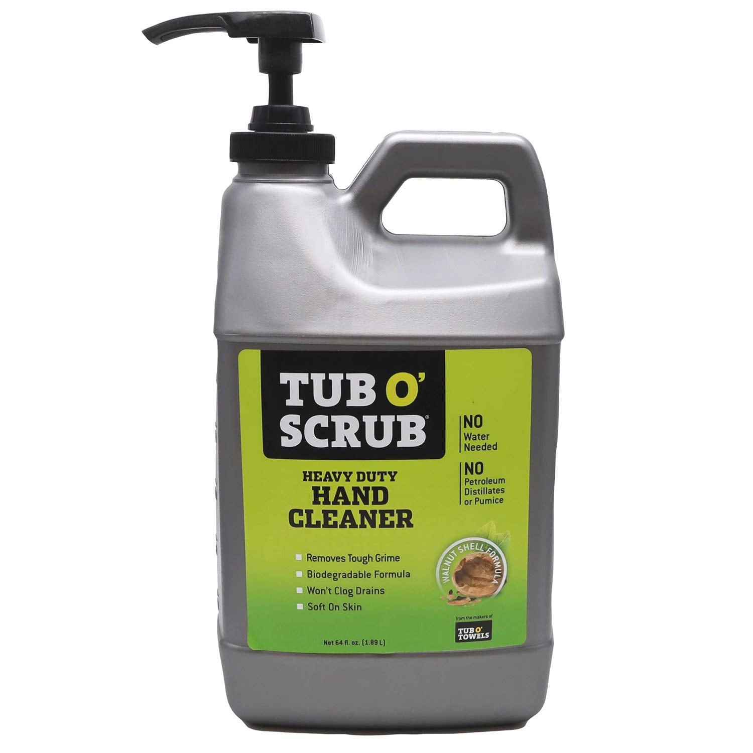 Scrub Tub O' Towels Heavy Duty Pumice-Free Hand Cleaner, Removes Tough Grime & Dirt Without Water, Biodegradable, 64oz Pump Jug, 1/2 gallon