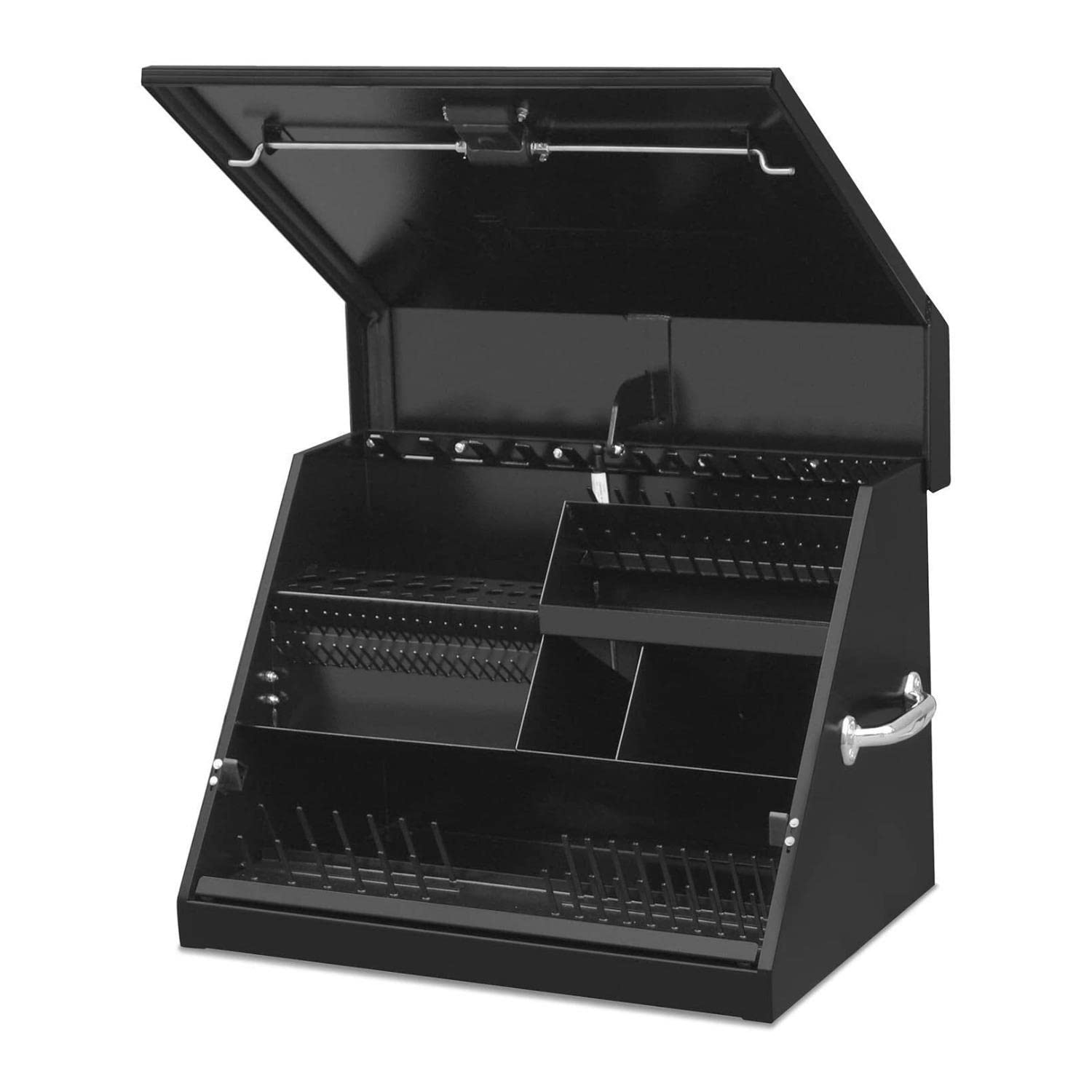 SE250B – Montezuma – 26-Inch Portable TRIANGLE Toolbox – Multi-Tier Design – Heavy-Duty Steel Construction – SAE and Metric Storage Chest – Weather-Resistant Toolbox – Lock and Latching System, Black