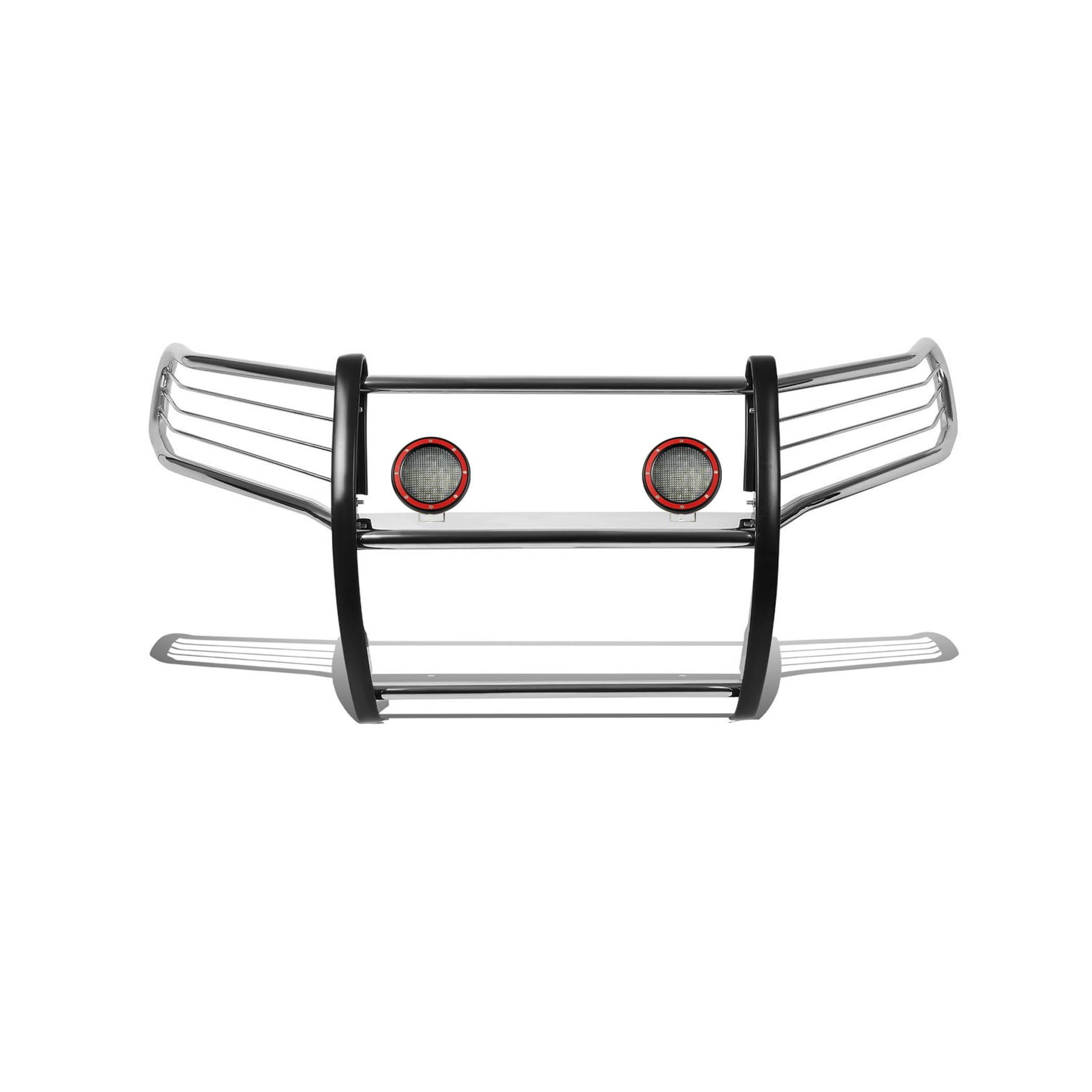 Bumper Guard Black Horse Grille Brush Modular Stainless Steel Come with Pair of 5.3" Dia.LED Lights with Red Trim Rings Compatible with 2010-2024 Toyota 4Runner-17TU31MSS-PLFR