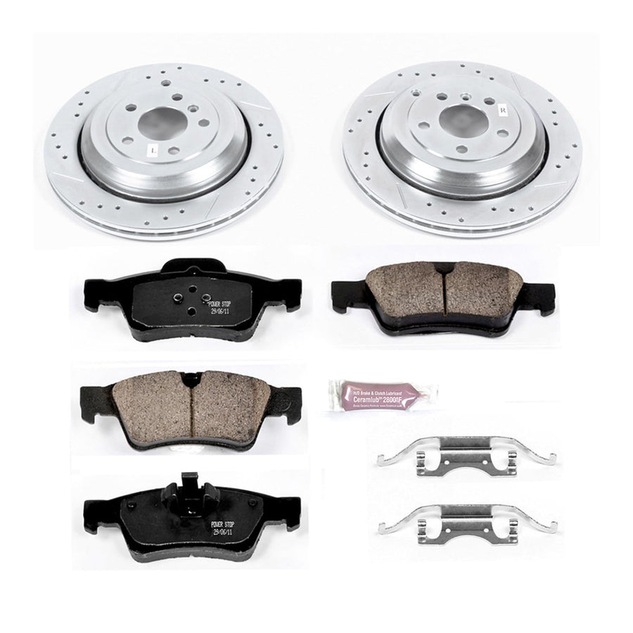 Power Stop K6708 Rear Brake Pads Z23 Carbon Fiber with Drilled & Slotted Brake Rotors Kit and 1 Rear Sensor Wire For GL320, GL350, GL450, GL550, ML550, R320, R350, R500 [Model Specific]