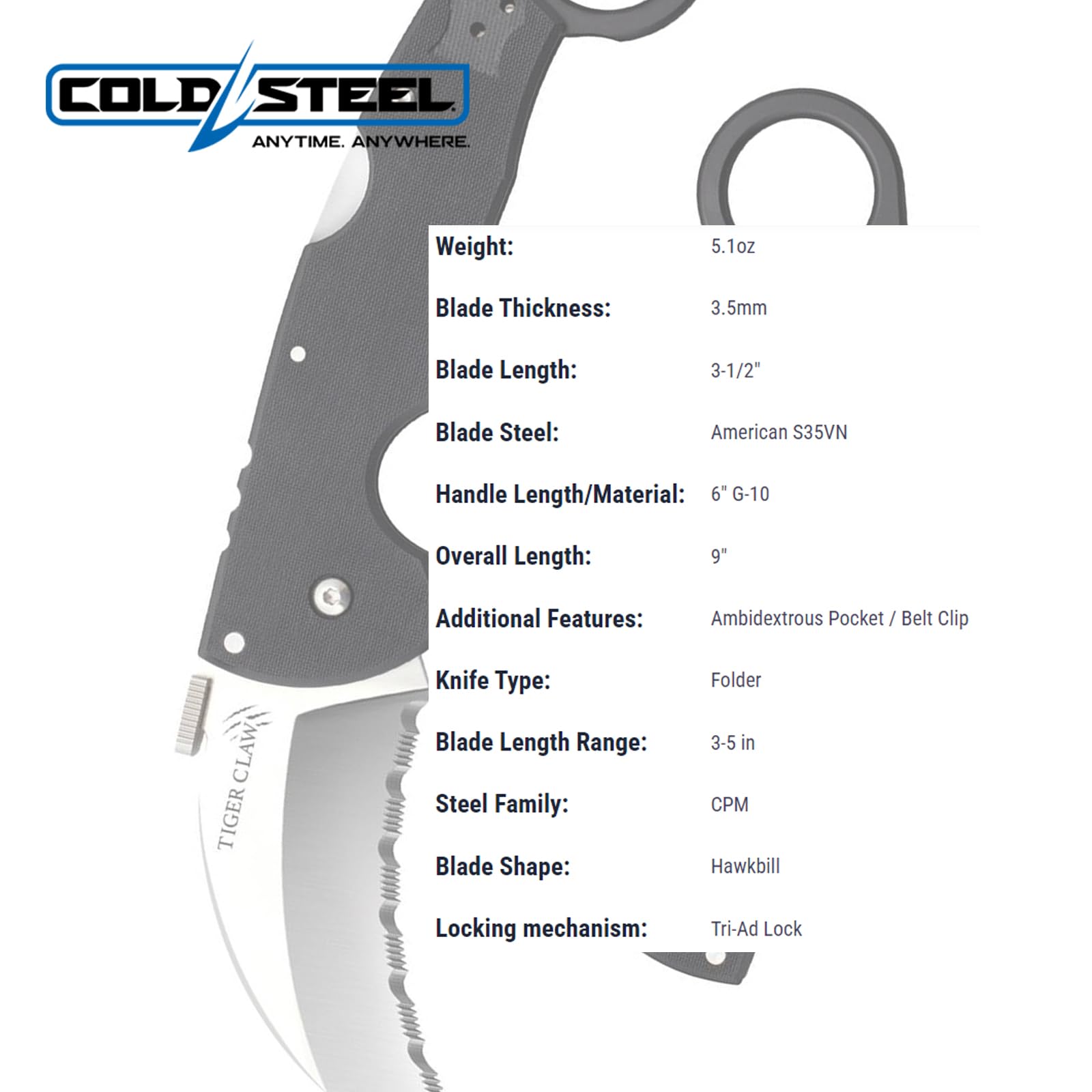 Cold Steel 3" Tiger Claw S35VN Razor-Sharp Serrated Blade 6" Easy-to-Grip G-10 Handle EDC Tactical Folding Knife with Tri-Ad Lock