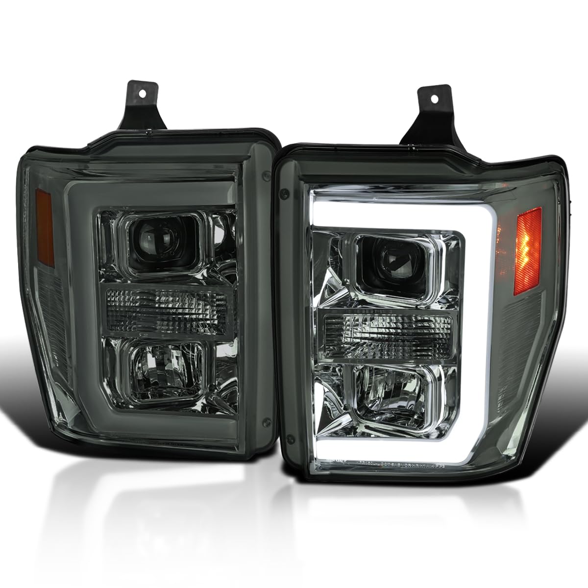 Smoke SPEC-D TUNING Projector Headlights w/LED Bar Compatible with 2008-2010 Ford F-250, F-350, F-450, F-550 Super Duty, Left + Right Pair Headlamps Assembly