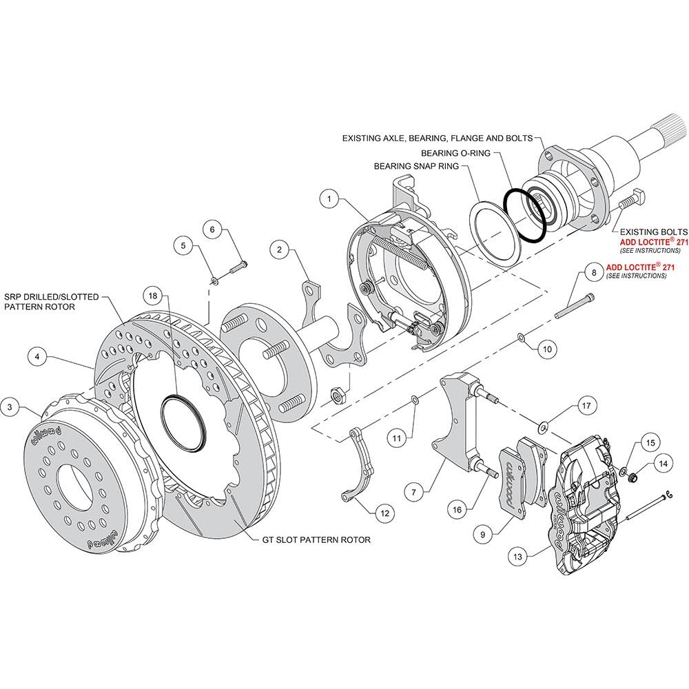 WILWOOD Rear P-Brk Kit,140-10951-DR W4A,14.00", Drill, Red Mopar/Dana 2.36" Off, w/Snap Ring Brng