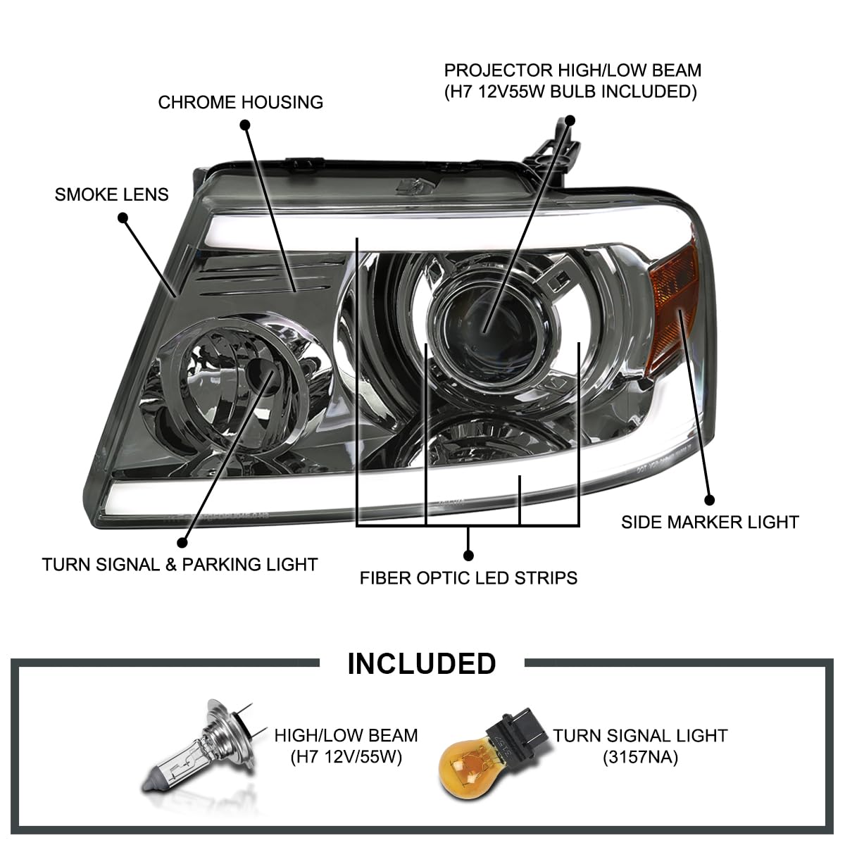Smoke LED Tube Bar Projector Headlights Spec-D Tuning Compatible with 2004-2008 Ford F-150, 2006-2008 Lincoln Mark LT, Left + Right Pair Headlamps Assembly