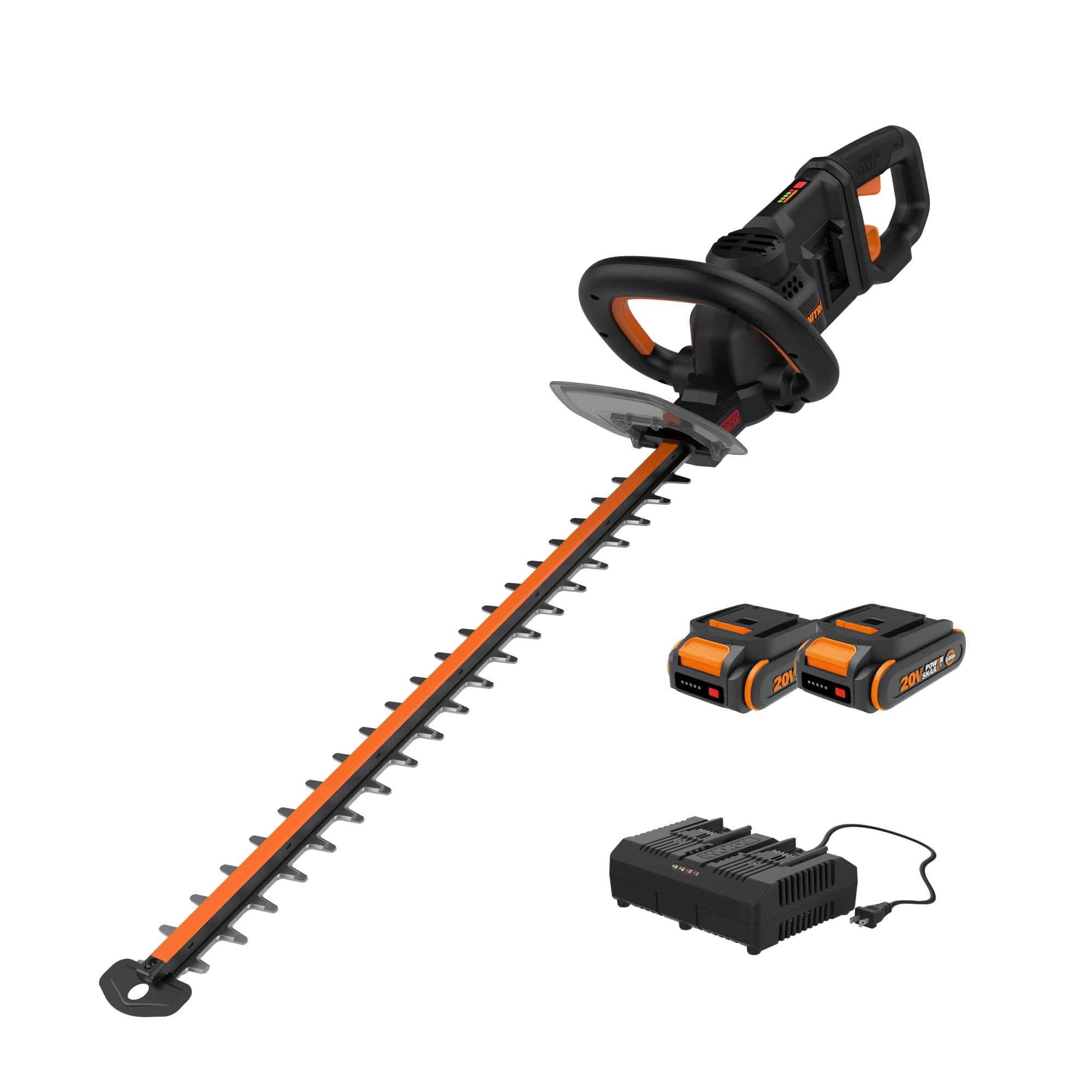WORX 24" Nitro Cordless Hedge Trimmer, Electric Hedge Trimmer with Dual-Action Blades & 3400 SPM, Brushless Bush Trimmer with 180° Rotating Handle, 2 Batteries & Charger Included, WG286