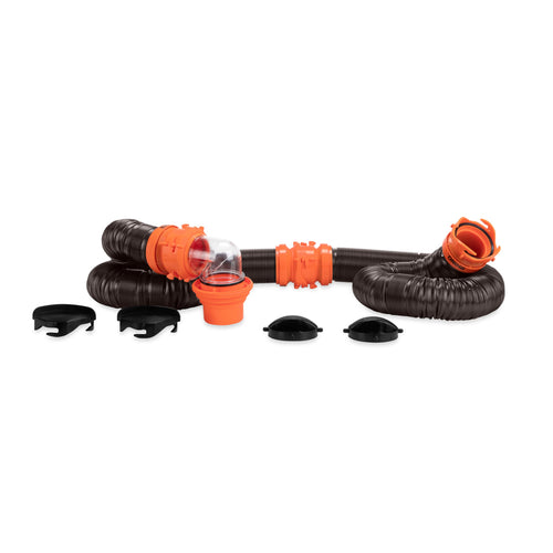 Camco 20-Ft RhinoFLEX Camper/RV Sewer Hose Kit - Features Clear Elbow Fitting w/Removable 4-in-1 Adapter - Connects to 3” Slip or 3”/3.5”/4” NPT Threaded Sewer Connection (39741)