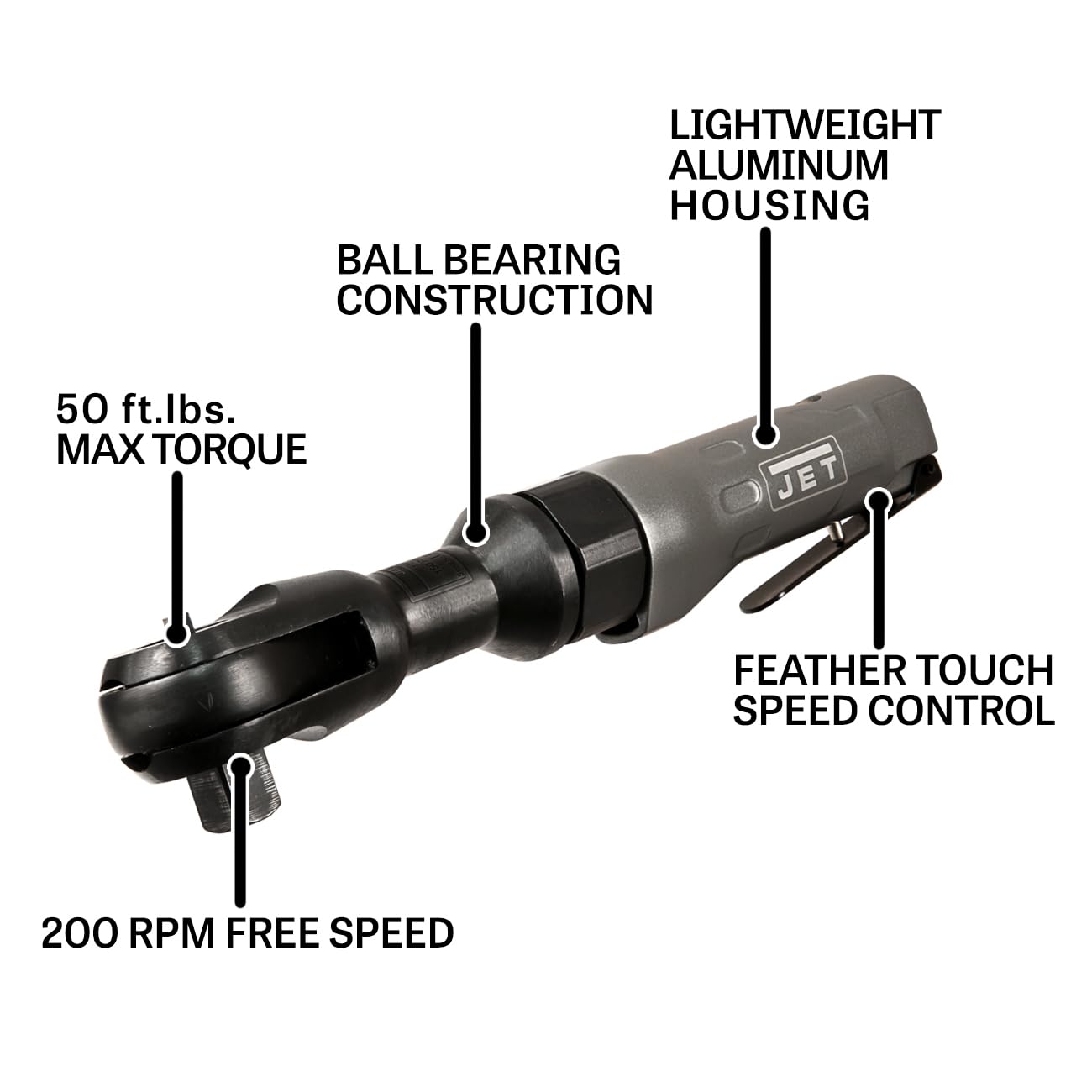 JET Pneumatic 1/2-Inch Ratchet Wrench, 50 ft-lbs, 200 RPM (Model JAT-302)