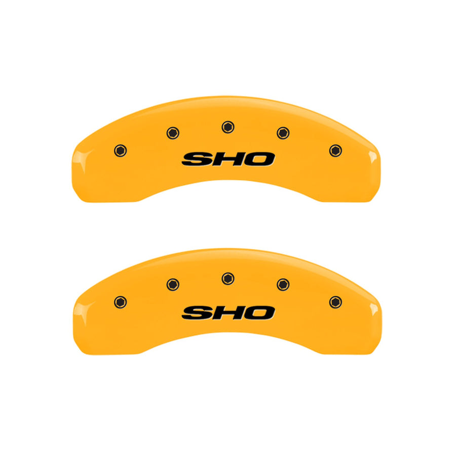 Caliper Covers MGP 10128SSHOYL, Set of 4 (Yellow Engraved Front and Rear: SHO Powder Coat Finish Black Characters)