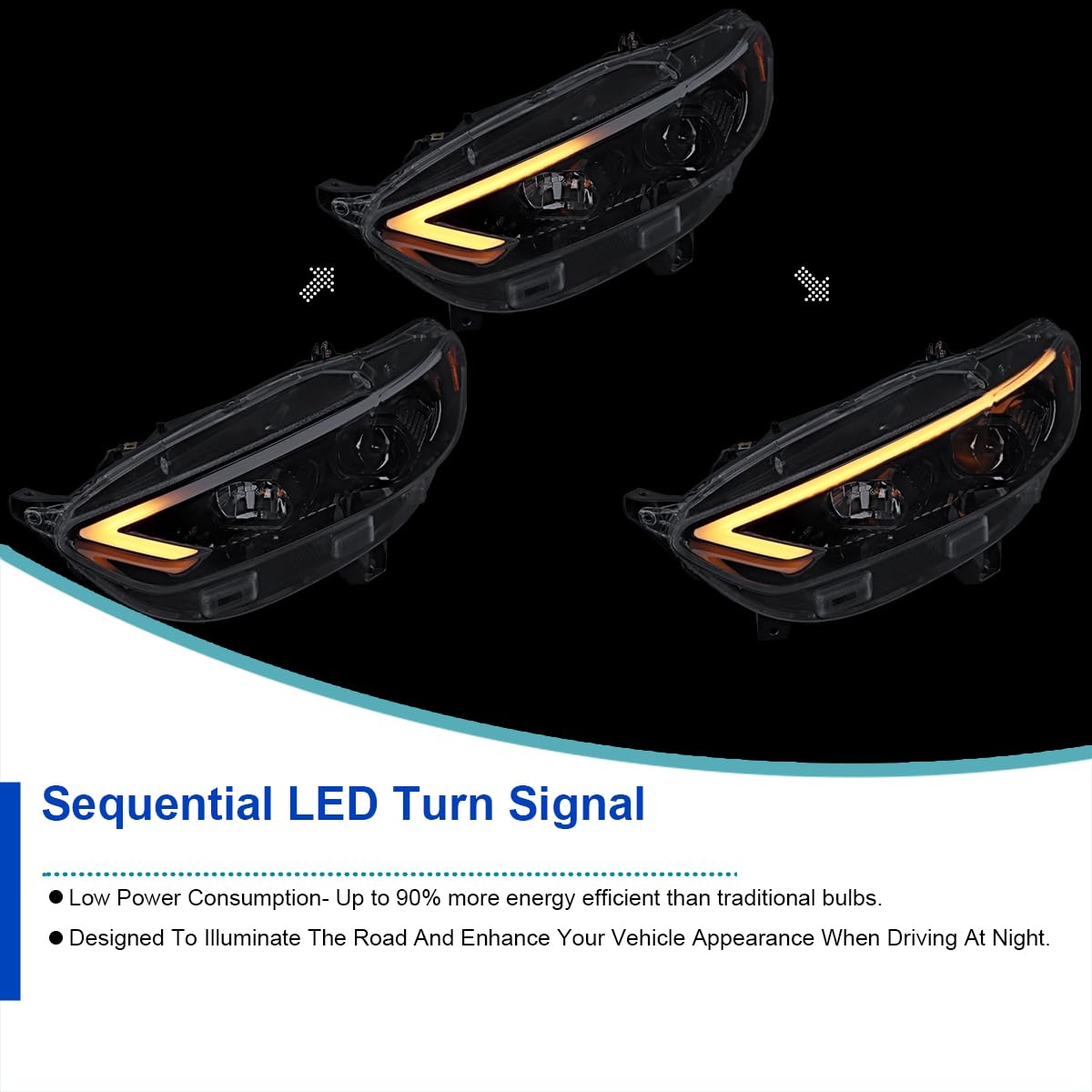 Black Smoke SPEC-D TUNING Projector Headlights w/Sequential Switchback LED Tube Signal Compatible with 2013-2016 Ford Fusion, Left + Right Pair Headlamp Assembly
