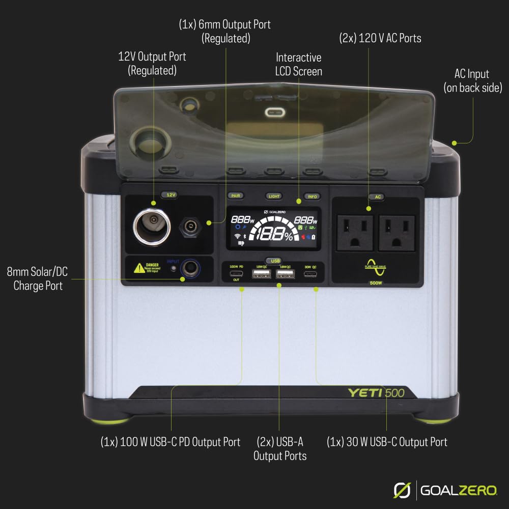 Goal Zero Yeti 500 Portable Power Station, 499 Watt Hour LiFePO4 Battery, Water Resistant & Dustproof Solar Generator for Outdoors, Camping, Tailgating, & Home, Clean Renewable Off-Grid Power