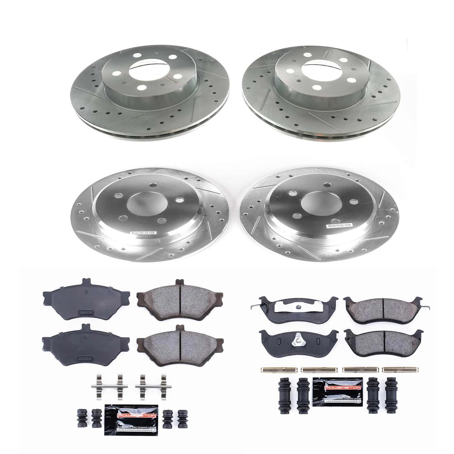 Power Stop K2860 Z23 Carbon Fiber Brake Pads with Front and Rear Drilled & Slotted Brake Rotors Kit For Ford Crown Victoria, Lincoln Town Car, Mercury Grand Marquis [Model Specific]