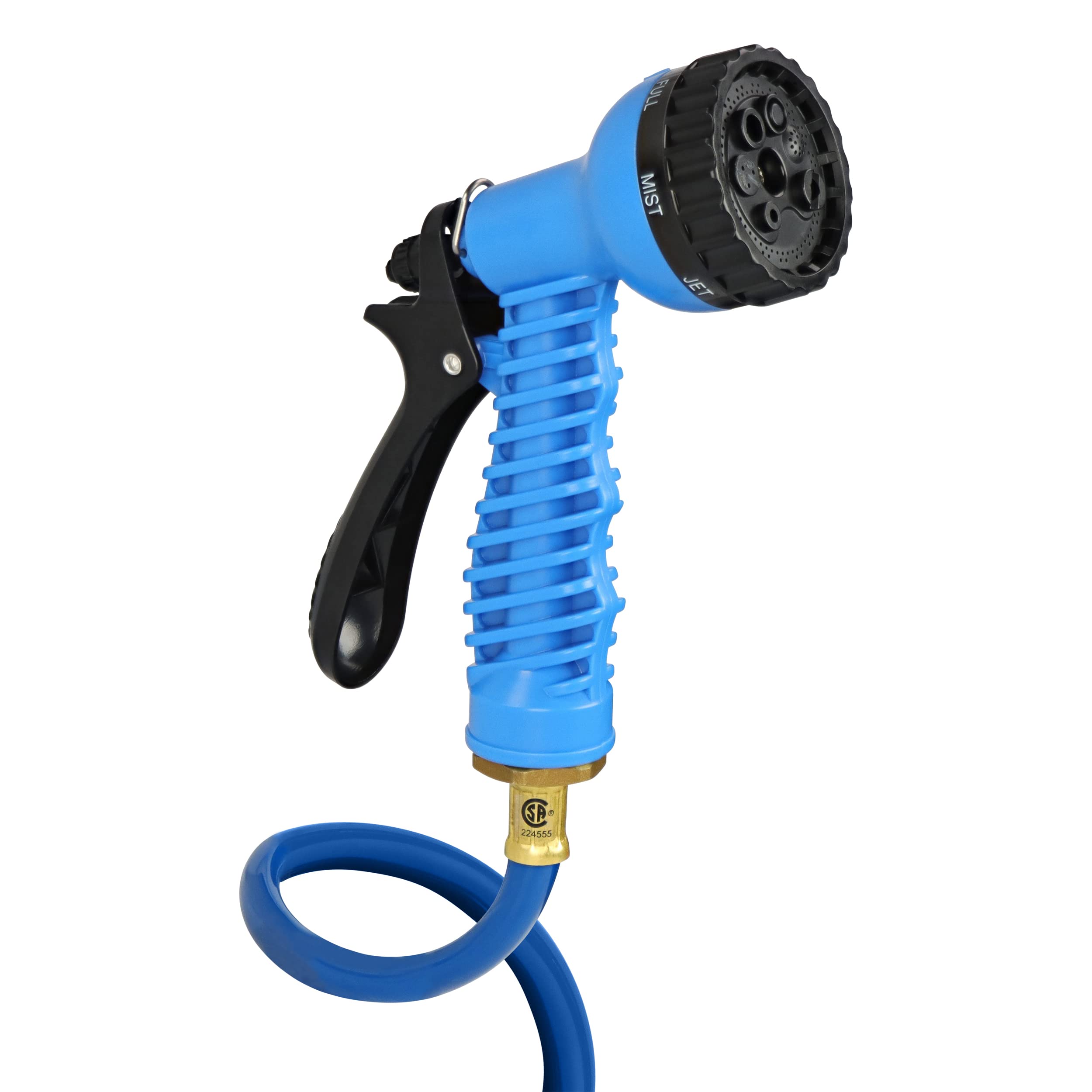 RV Potable Water Hose Set Empire Faucets - 15ft Blue Coil Hose and 7-Function Sprayer - Recoiling Spiral Water Hose