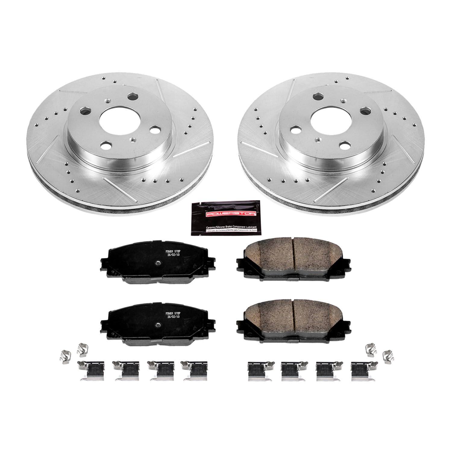 Power Stop K5863 Z23 Carbon Fiber Brake Pads Front with Drilled & Slotted Brake Rotors Kit For Scion iQ 2013, Toyota Prius C 2012-2019, Toyota Yaris 2007-2018 [Model Specific]