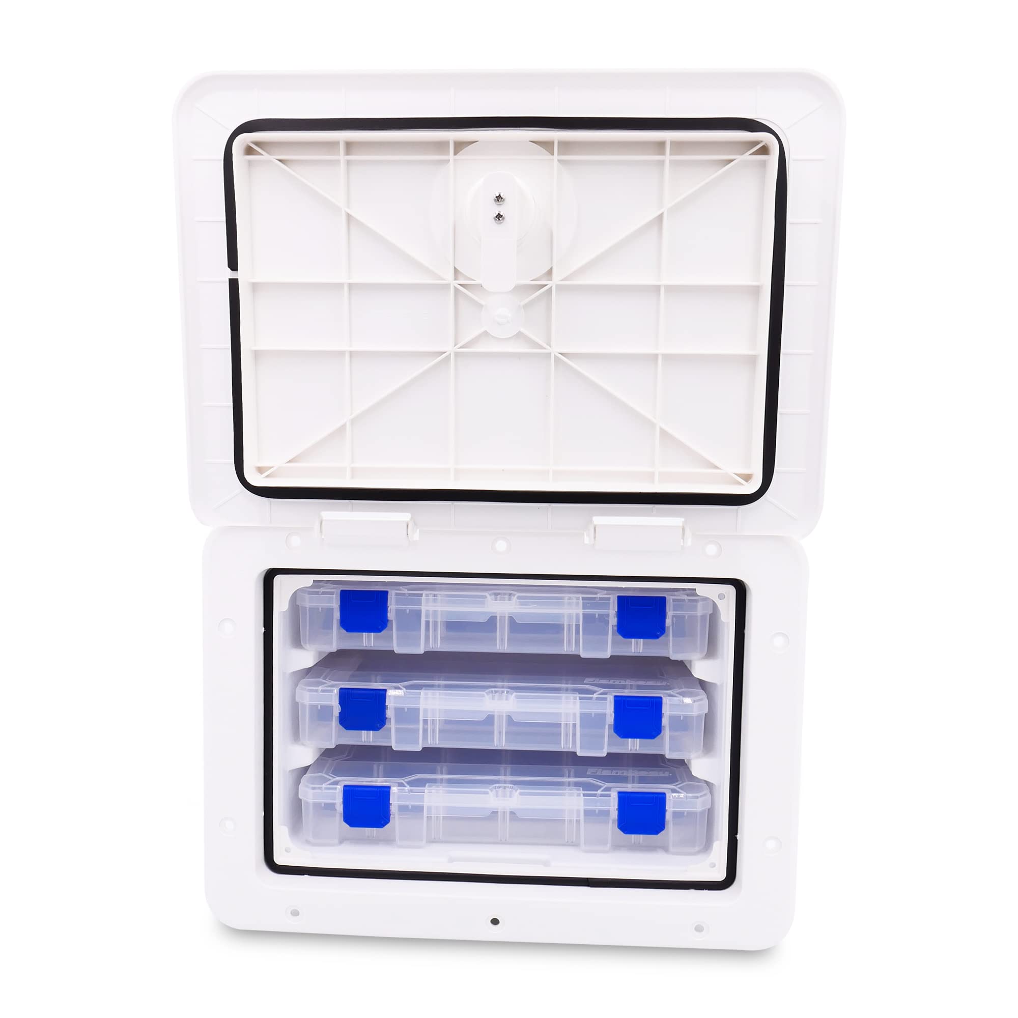 Sure-Seal T-H Marine Tackle Box Boat Access Hatch - Deck Compartment Includes 3 Plano Lure Trays - Dual Seals Offer Watertight Fit - 11" x 15", Polar White